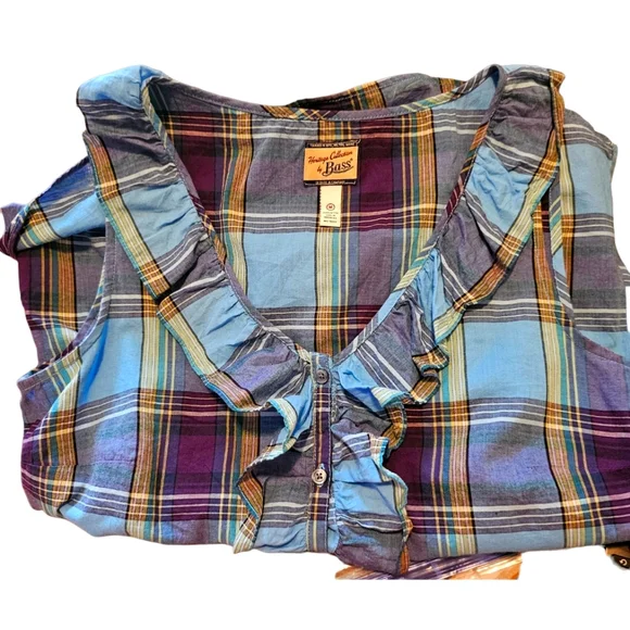 Heritage Collection by Bass Madras Plaid Sleeveless Ruffle Front Blouse Size Med - Picture 3 of 5